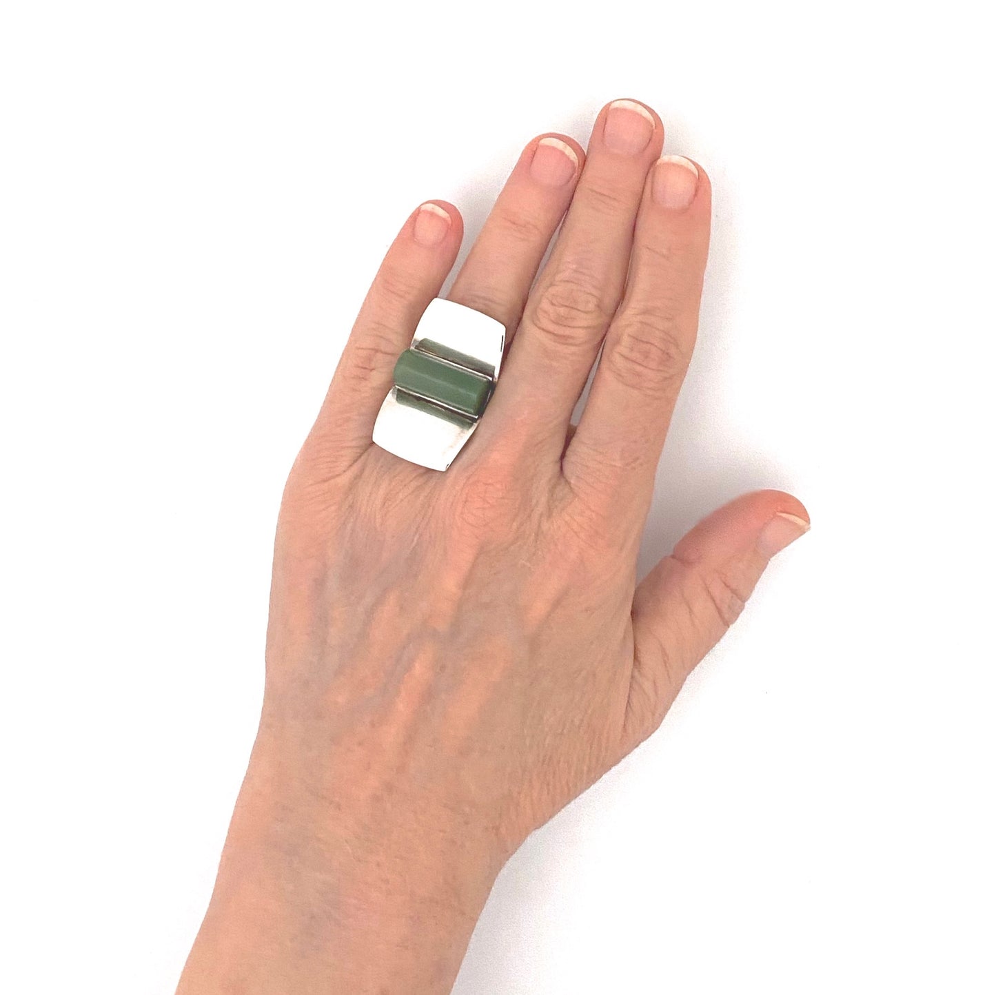 scale Andreas Mikkelsen Denmark vintage silver nephrite jade extra large ring Scandinavian Modernist jewelry design
