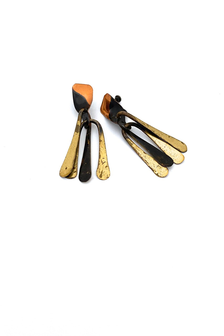 Art Smith USA vintage copper brass long drop earrings American Modernist jewelry design