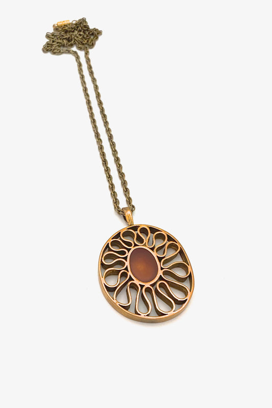 Bernard Chaudron Canada vintage bronze orange resin openwork pendant necklace Canadian Modernist jewelry design