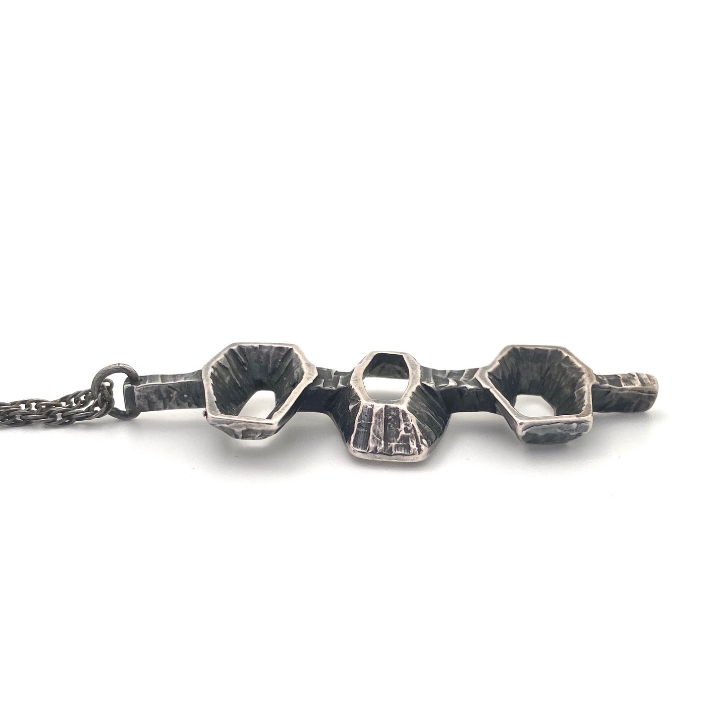 profile Bernard Chaudron Canada large vintage brutalist openwork pendant necklace Canadian Modernist jewelry design
