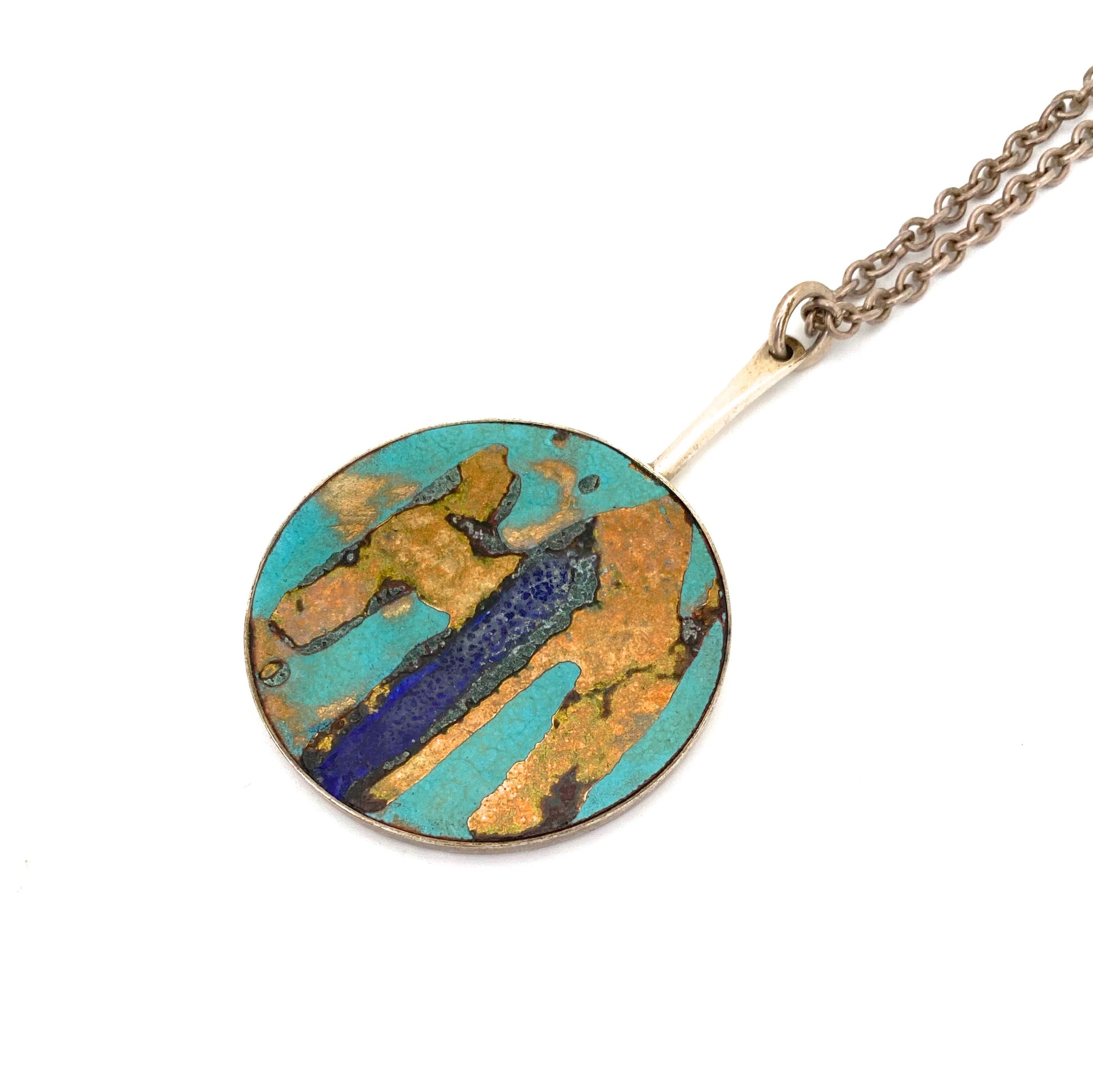 detail Borge Nielsen Denmark vintage silver plate enamel large pendant necklace Scandinavian Modernist jewelry design