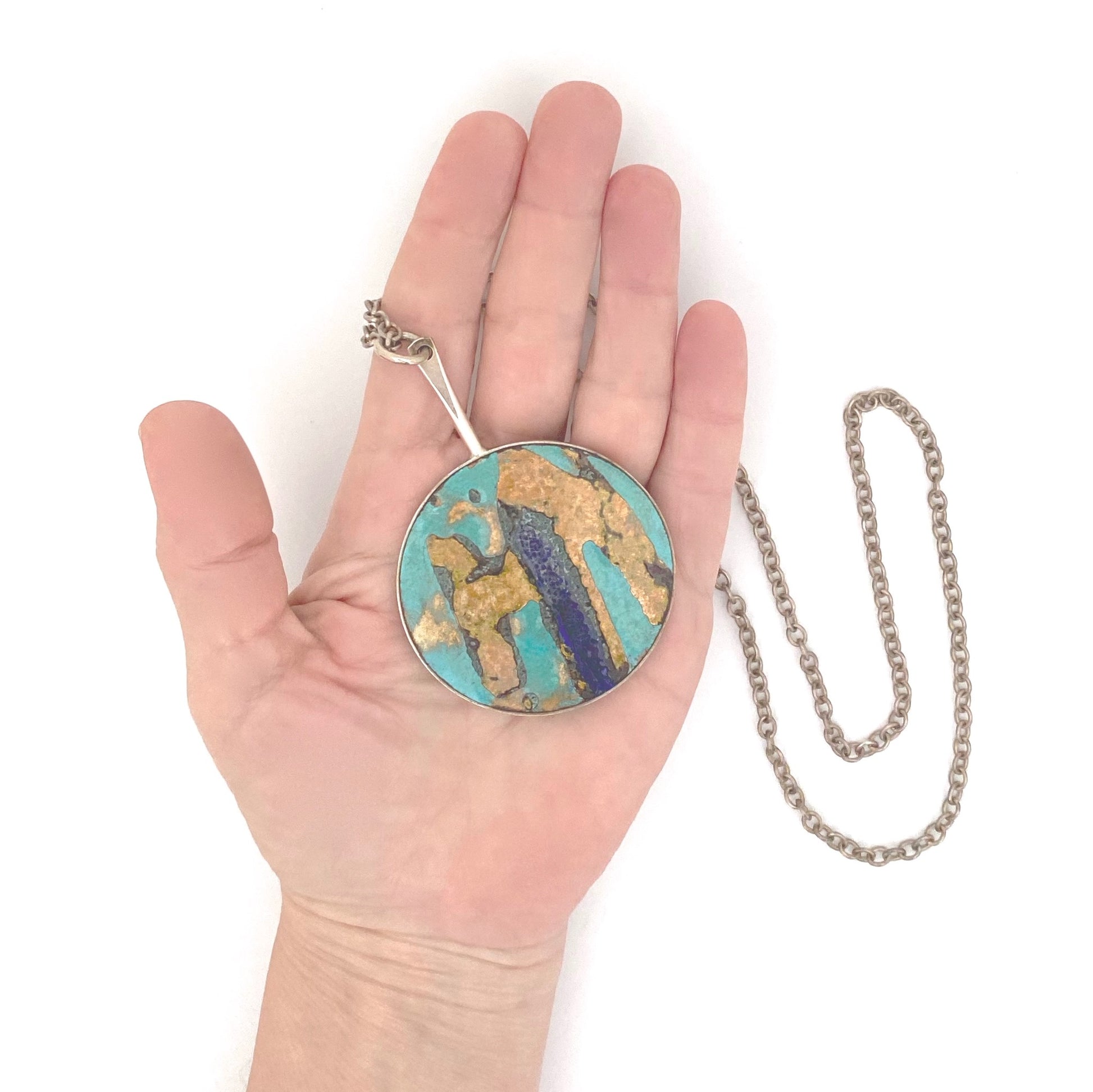 scale Borge Nielsen Denmark vintage silver plate enamel large pendant necklace Scandinavian Modernist jewelry design