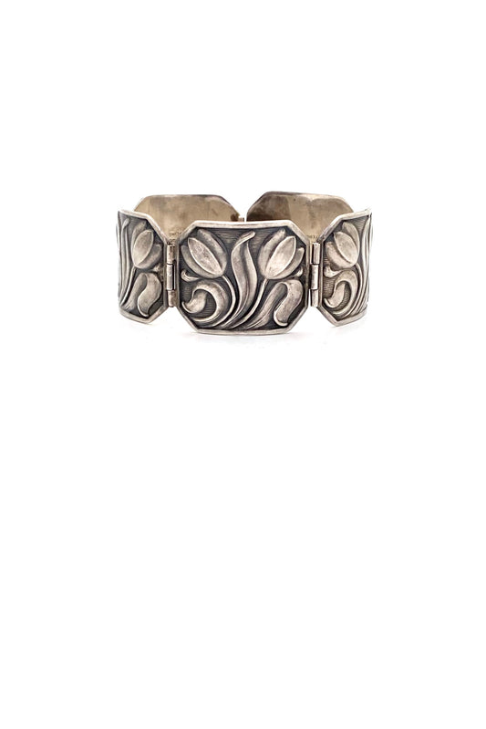 Carl Poul Petersen Canada vintage silver wide tulips panel link bracelet Canadian jewelry design