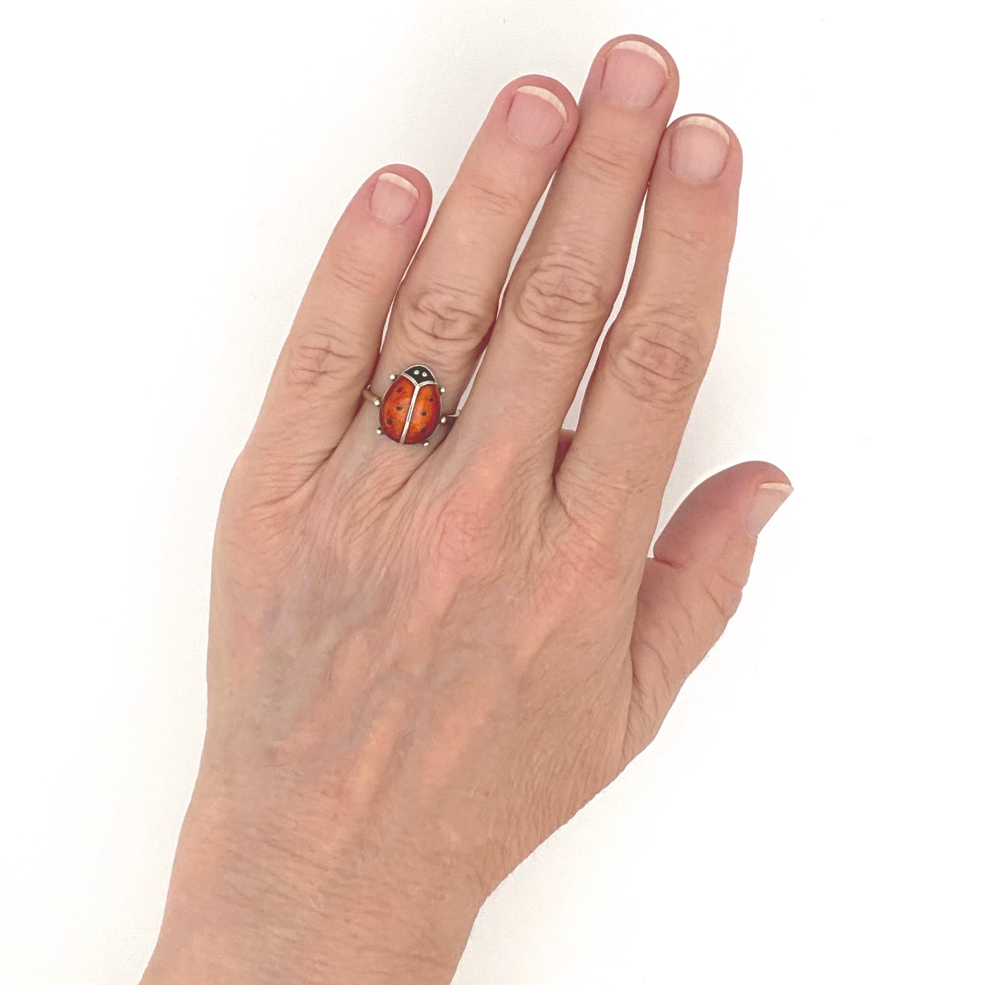 scale David-Andersen Norway vintage silver enamel ladybug ring Willy Winnaess Scandinavian Modernist jewelry design
