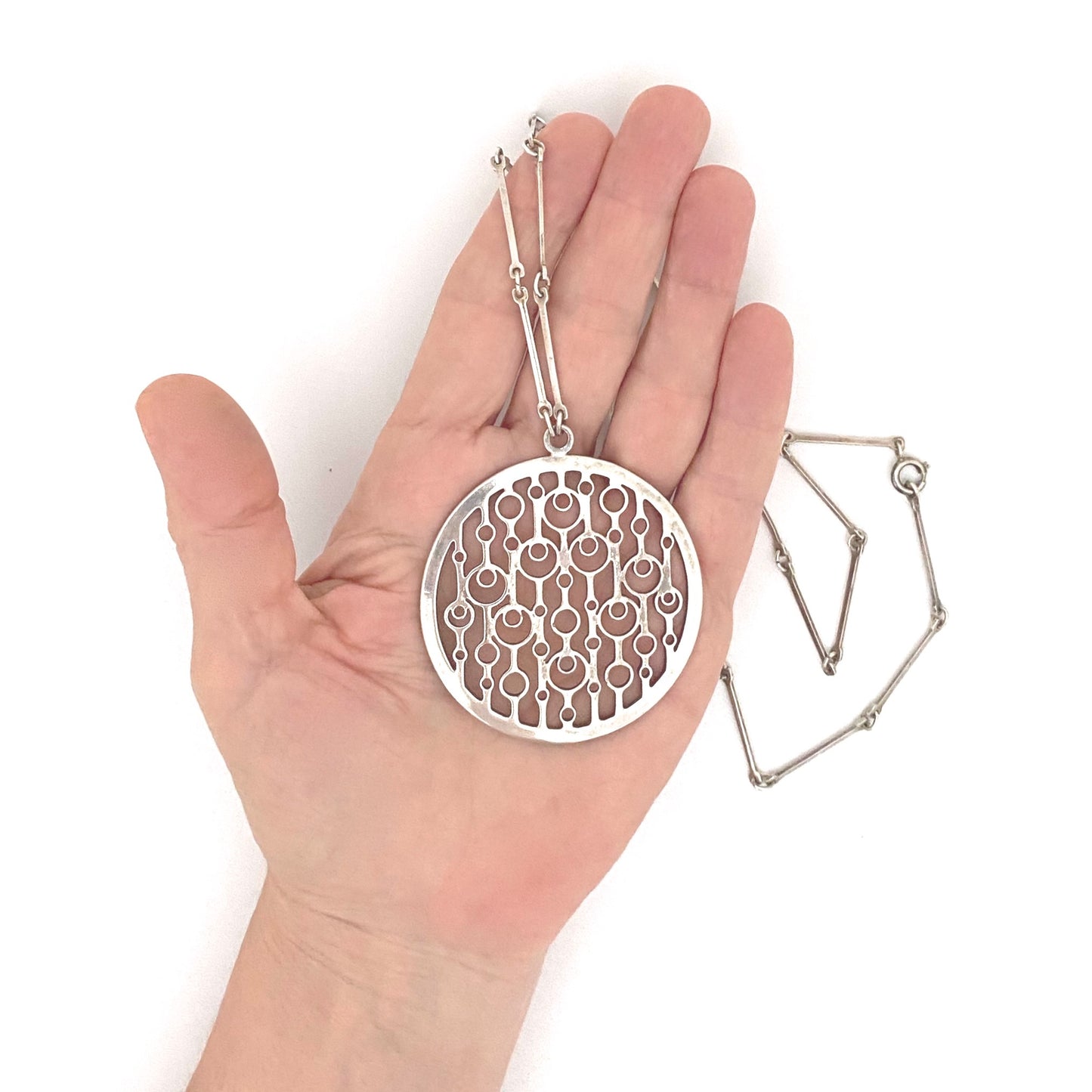scale David-Andersen Norway vintage silver large circles pendant necklace Marianne Berg Scandinavian Modernist jewelry design