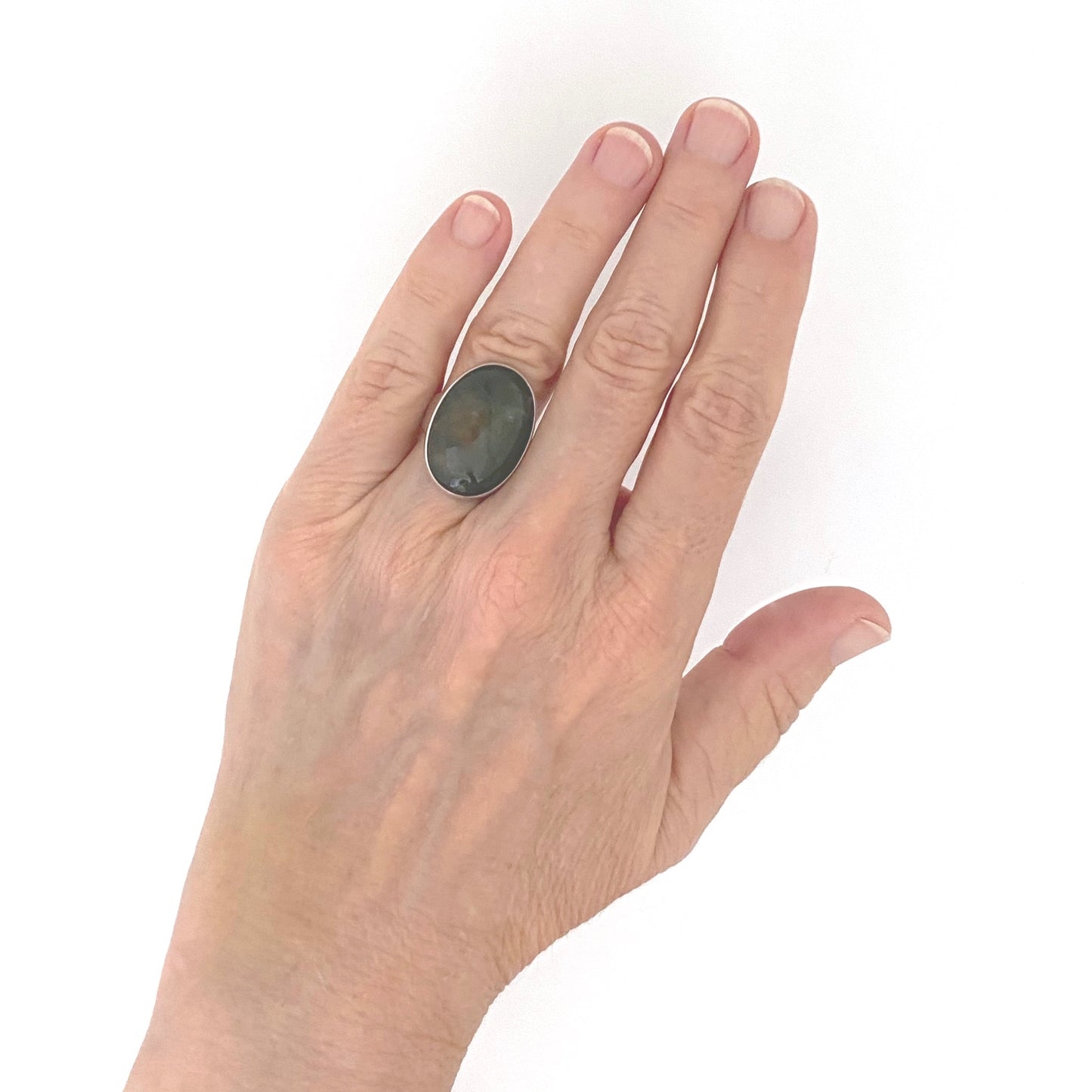 scale Georg Jensen Denmark vintage silver large moss agate ring 90G Scandinavian Modernist jewelry design