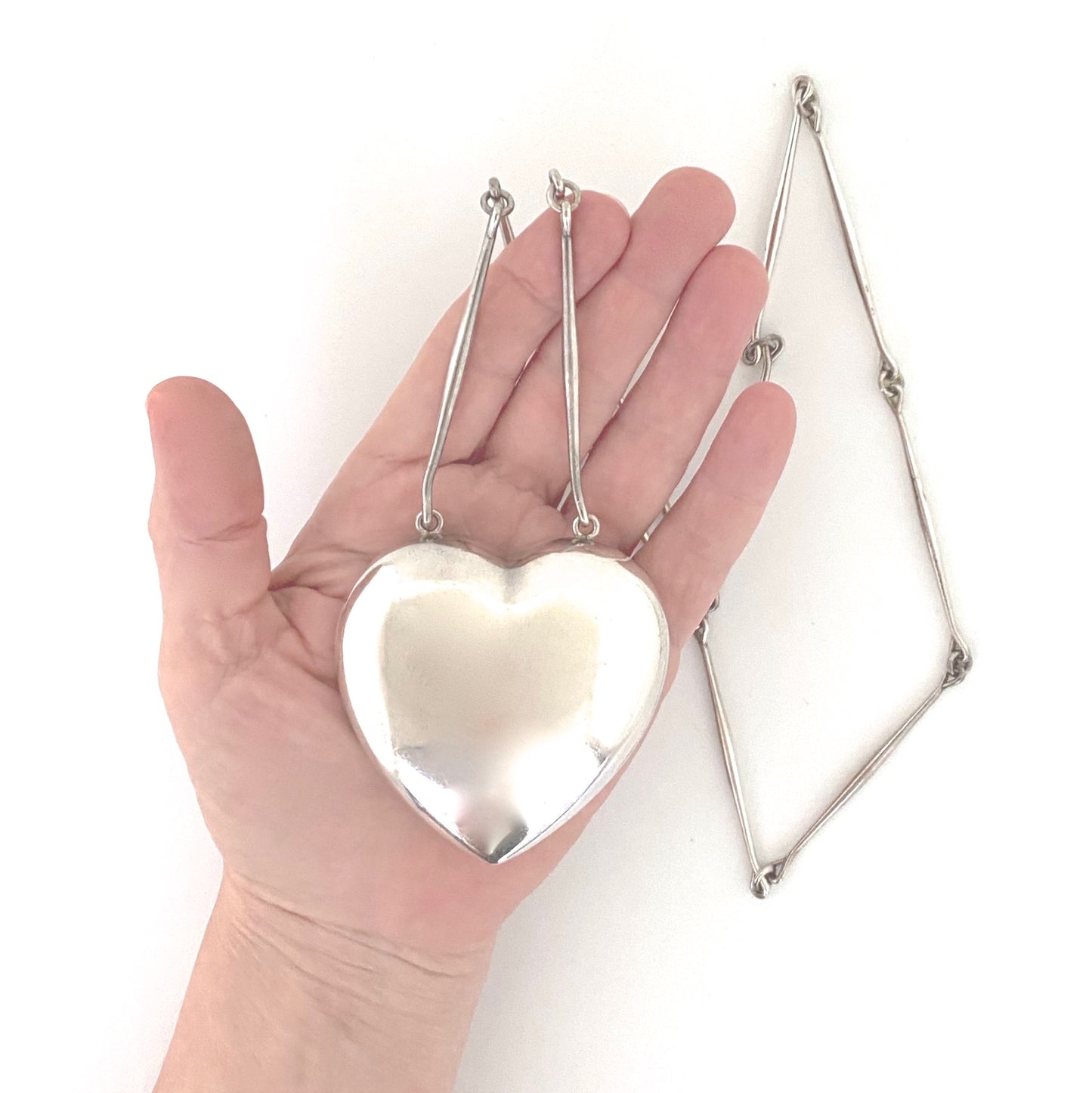 scale Georg Jensen Denmark vintage silver large heart 'Joy' necklace 126 by Astrid Fog Scandinavian Modernist jewelry design