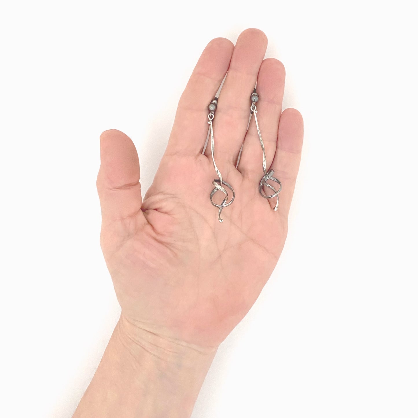 scale Georg Jensen Denmark vintage silver Forget Me Knot drop earrings Vivianna Torun Scandinavian Modernist jewelry design