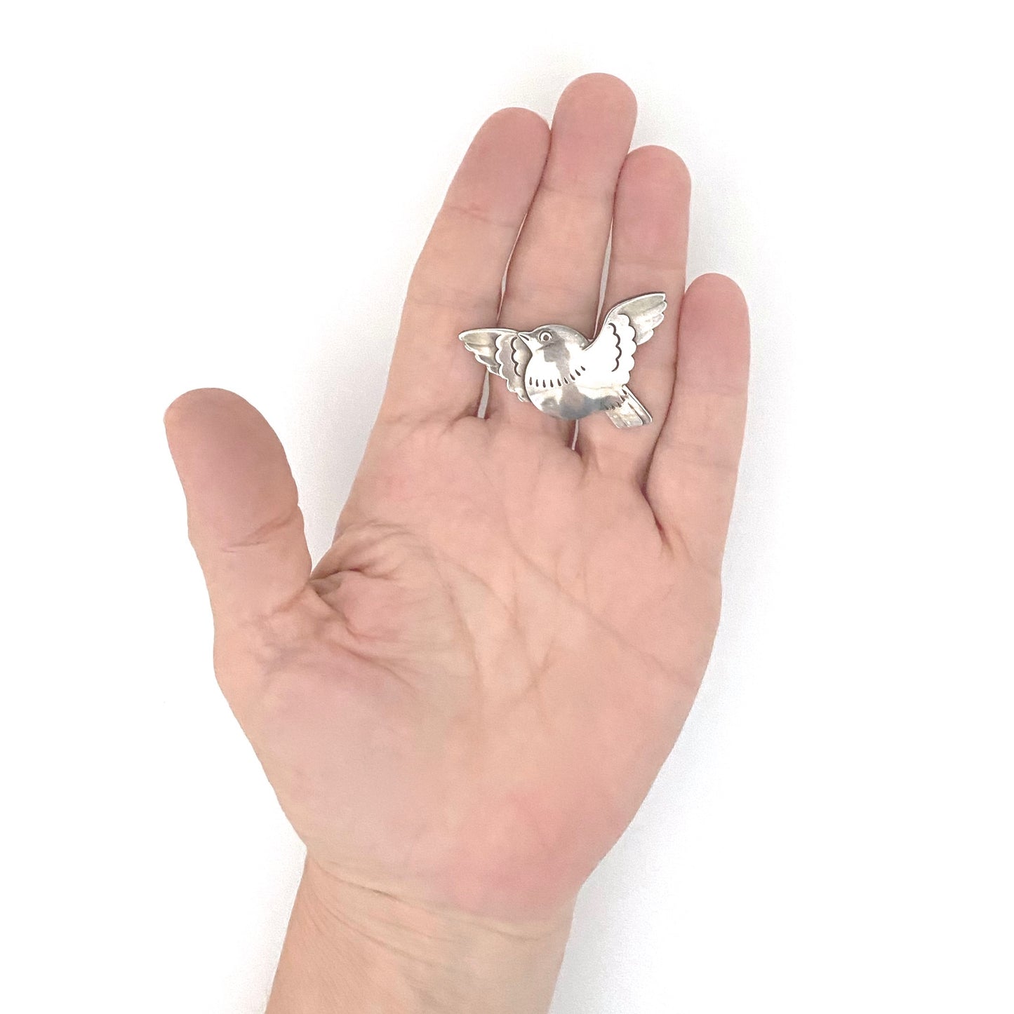 scale Georg Jensen Denmark vintage silver bird brooch 320 Arno Malinowski Scandinavian Modernist jewelry design