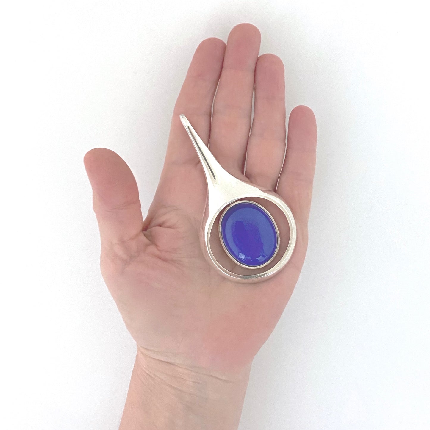 scale Georg Jensen Denmark vintage silver blue chalcedony extra large pendant Max Barmmer 1976 Scandinavian Modernist jewelry design