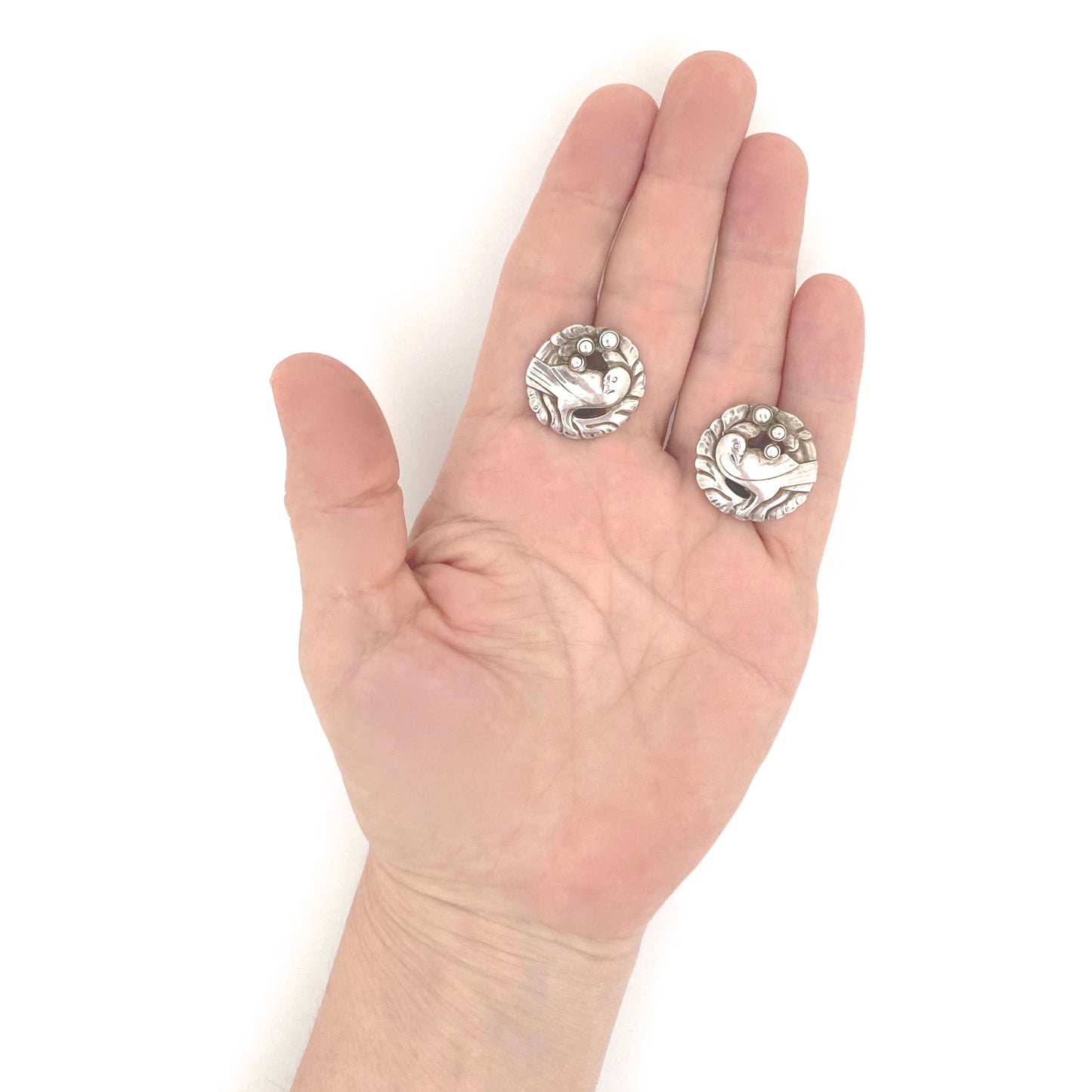 scale Georg Jensen Denmark vintage silver dove earrings 66 silver cabochons Kristian Moehl Hansen Danish jewelry design