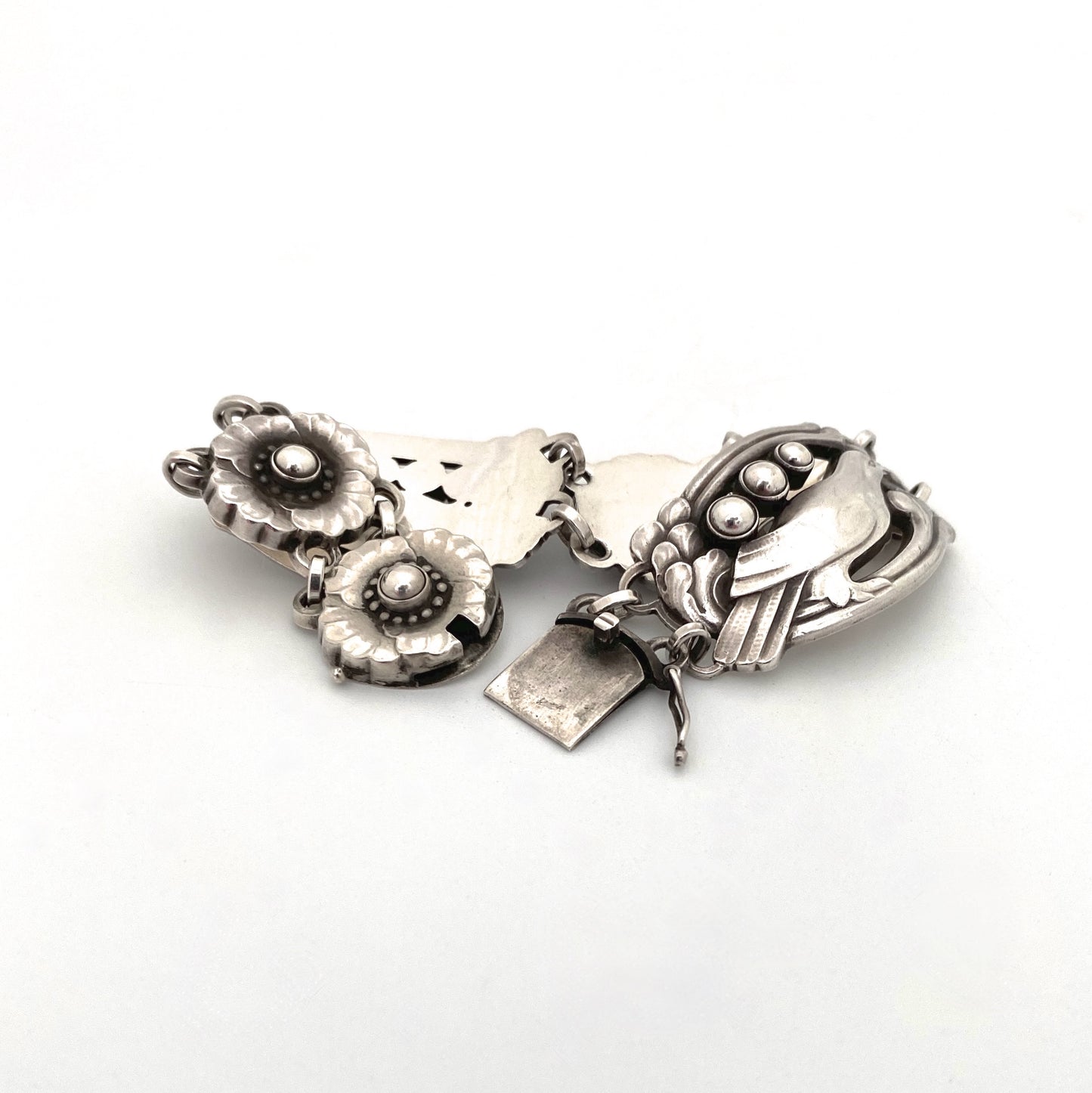 Georg Jensen flowers, birds & berries panel link bracelet #23 ~ silver cabochons