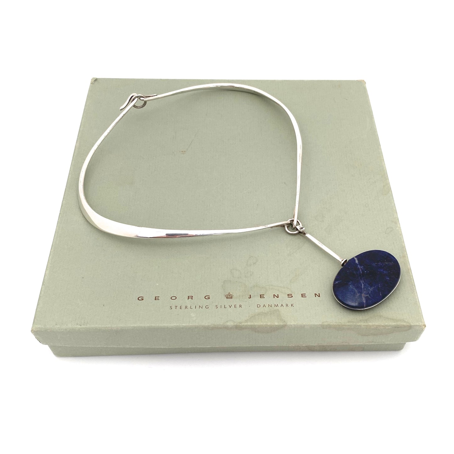 original box Georg Jensen Denmark vintage silver sodalite large pendant 133 neck ring necklace 198 Vivianna Torun Bent Gabrielsen Scandinavian Modernist jewelry design