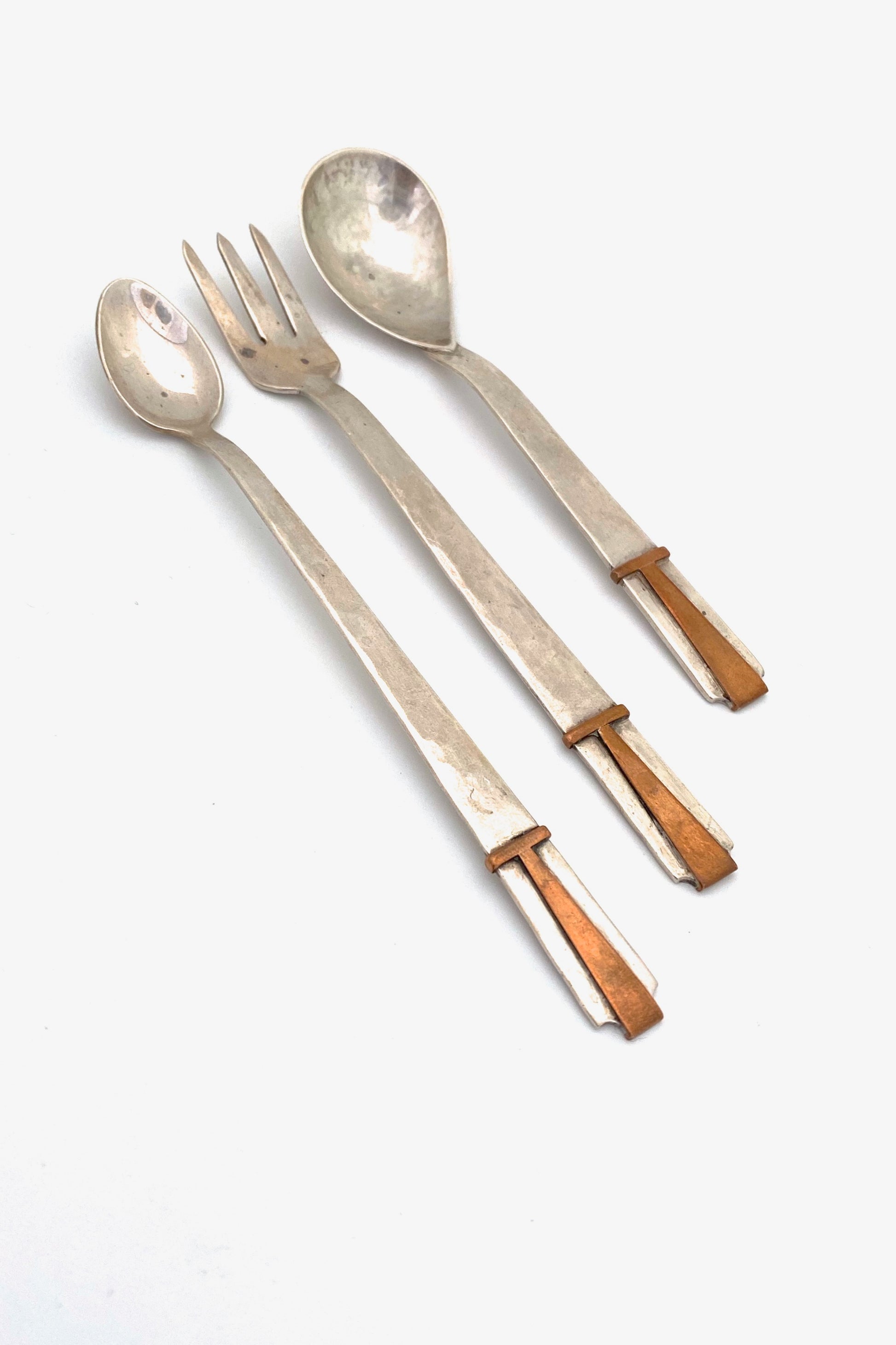 George Dancy Canada Arts and Crafts style hammered silver copper condiment flatware set 1951 Canadian midcentury design