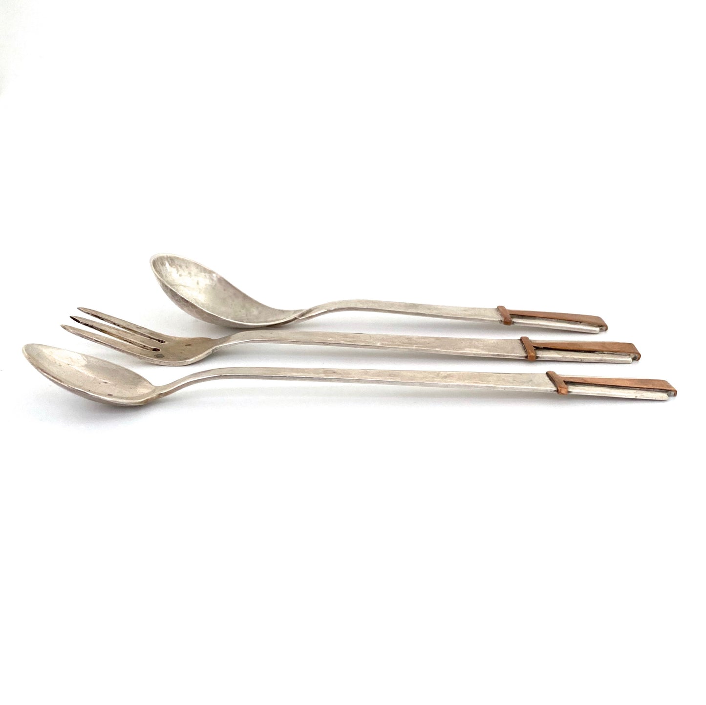 profile George Dancy Canada Arts and Crafts style hammered silver copper condiment flatware set 1951 Canadian midcentury design