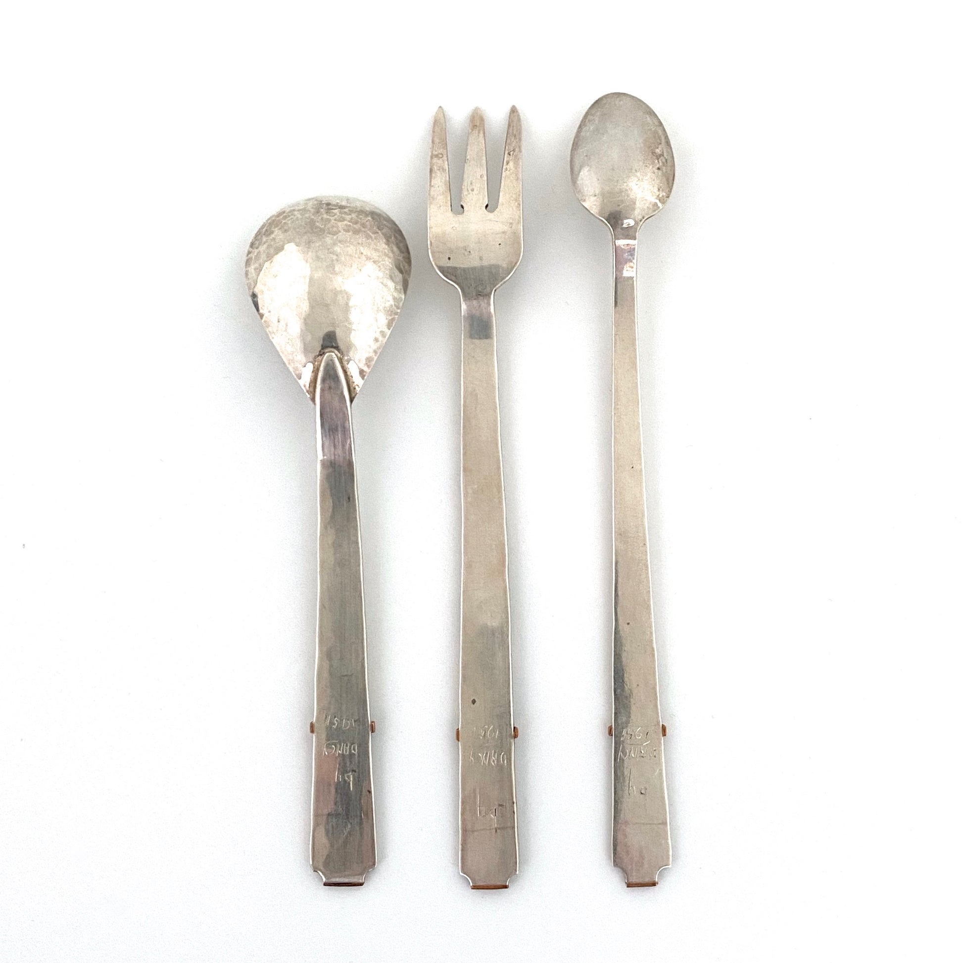 detail George Dancy Canada Arts and Crafts style hammered silver copper condiment flatware set 1951 Canadian midcentury design