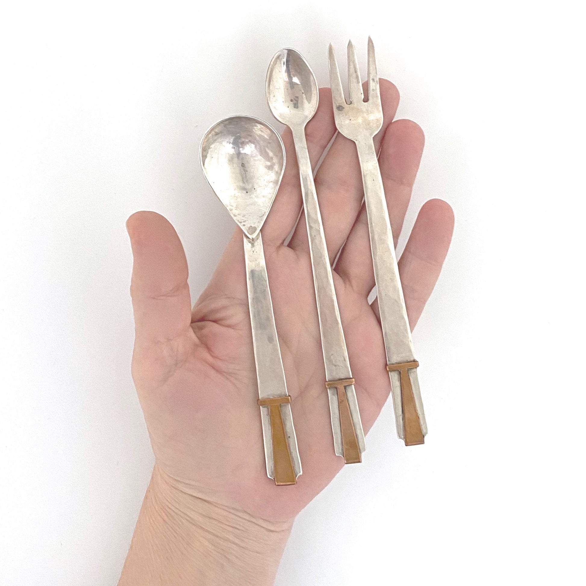 scale George Dancy Canada Arts and Crafts style hammered silver copper condiment flatware set 1951 Canadian midcentury design