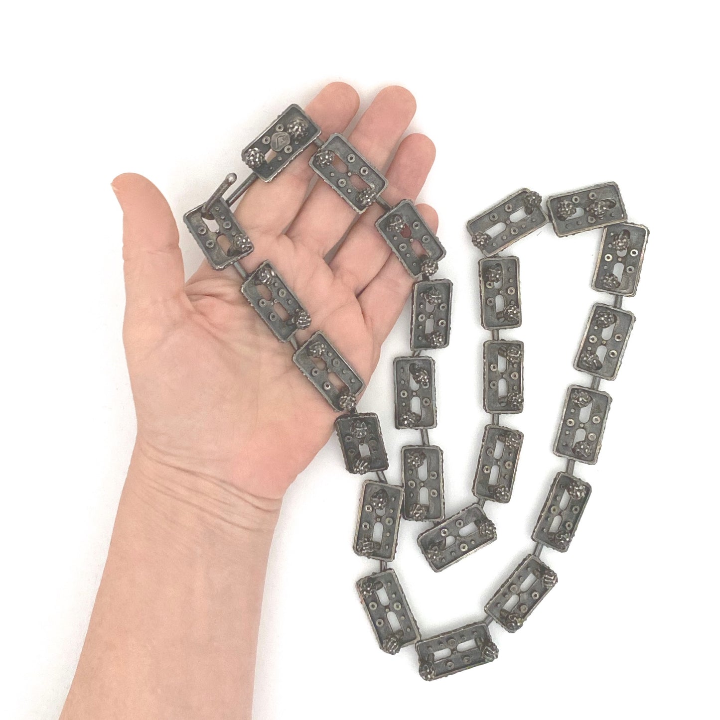 scale Guy Vidal Canada vintage brutalist pewter belt necklace Canadian Modernist jewelry design