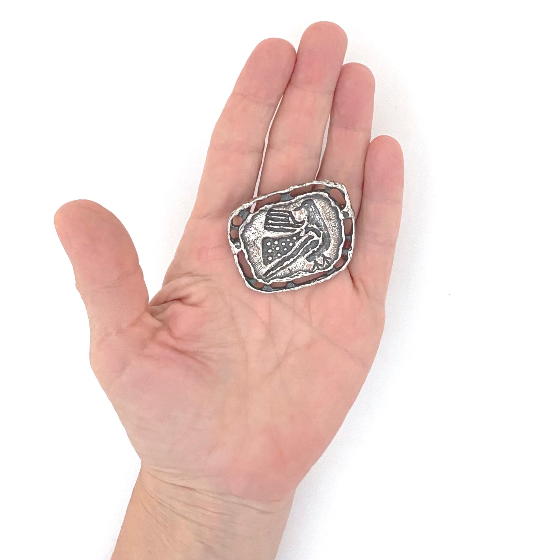 scale Guy Vidal Canada vintage brutalist pewter bird brooch Canadian Modernist jewelry design