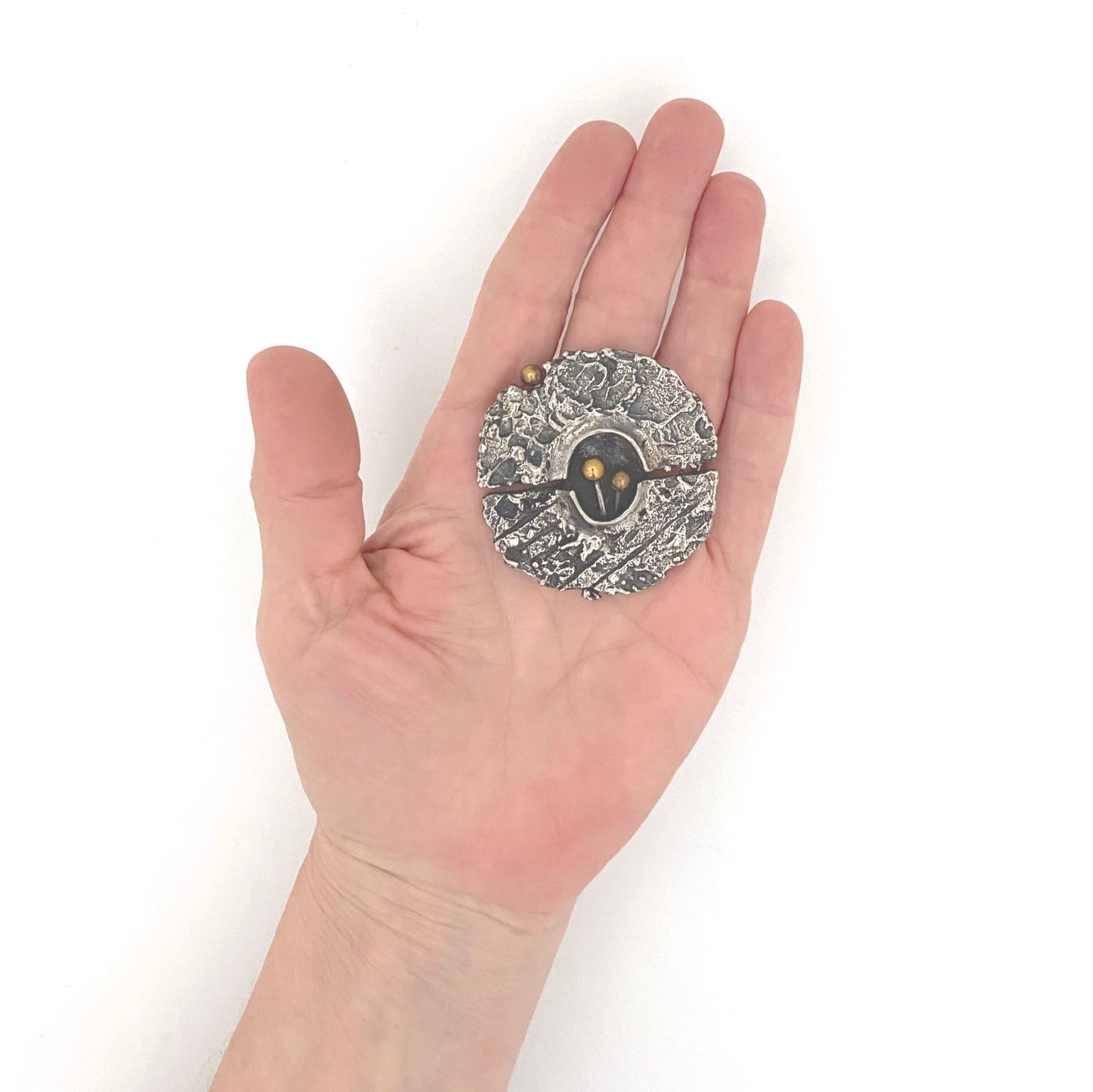 scale Guy Vidal Canada vintage brutalist pewter brass spheres split circle brooch Canadian Modernist jewelry design