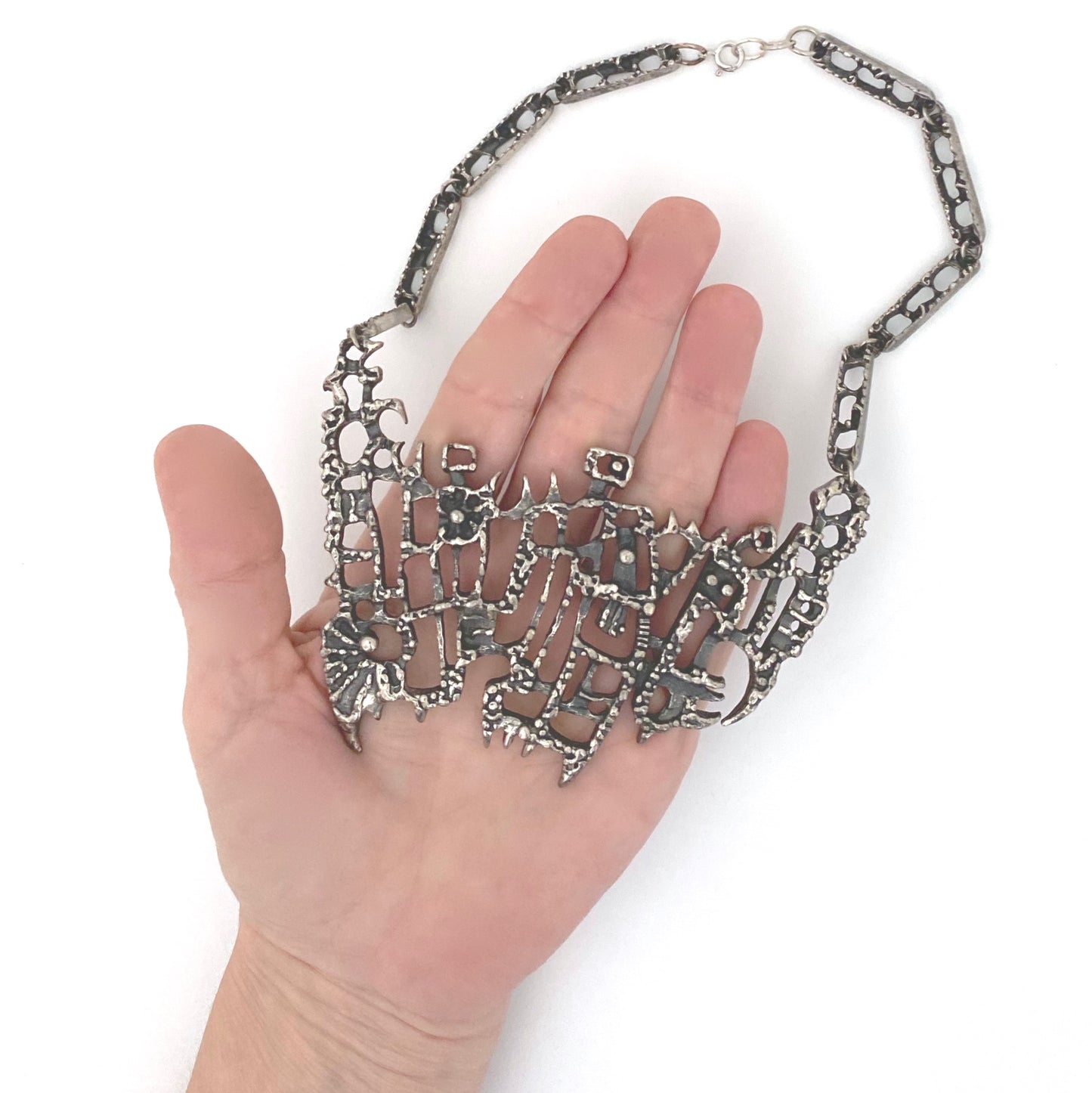 scale Guy Vidal Canada vintage brutalist pewter large bib necklace Canadian Modernist jewelry design