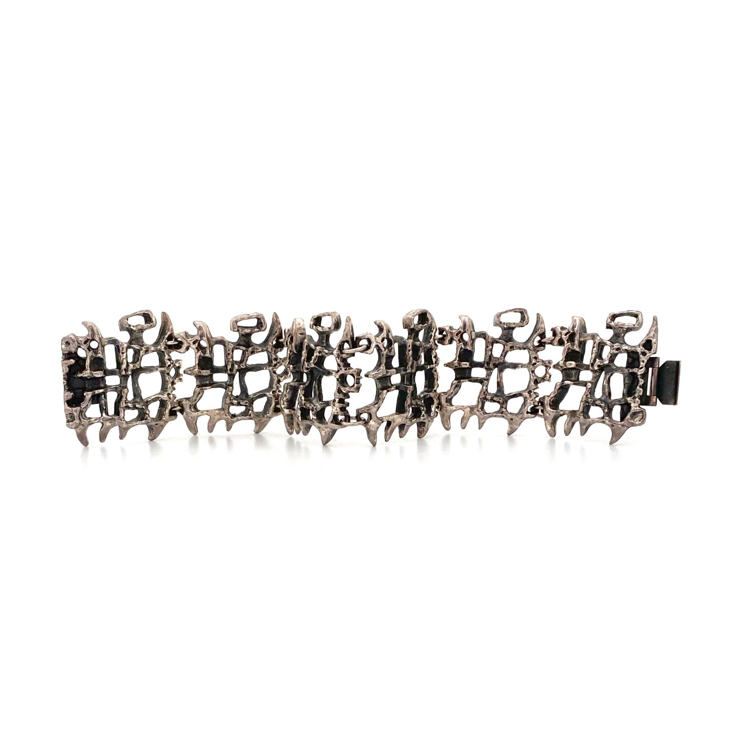 detail Guy Vidal Canada vintage brutalist pewter openwork panel link bracelet Canadian Modernist jewelry design