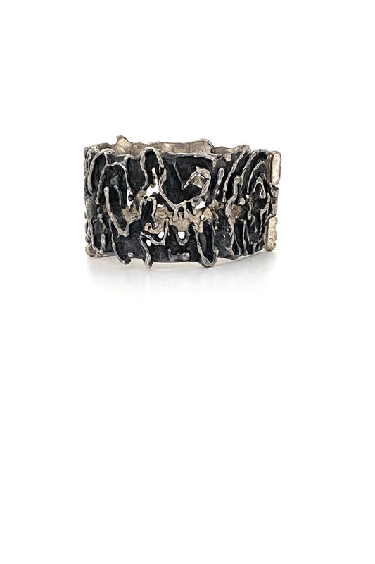 Guy Vidal Canada vintage brutalist pewter sculptural openwork hinged bracelet Canadian jewelry design