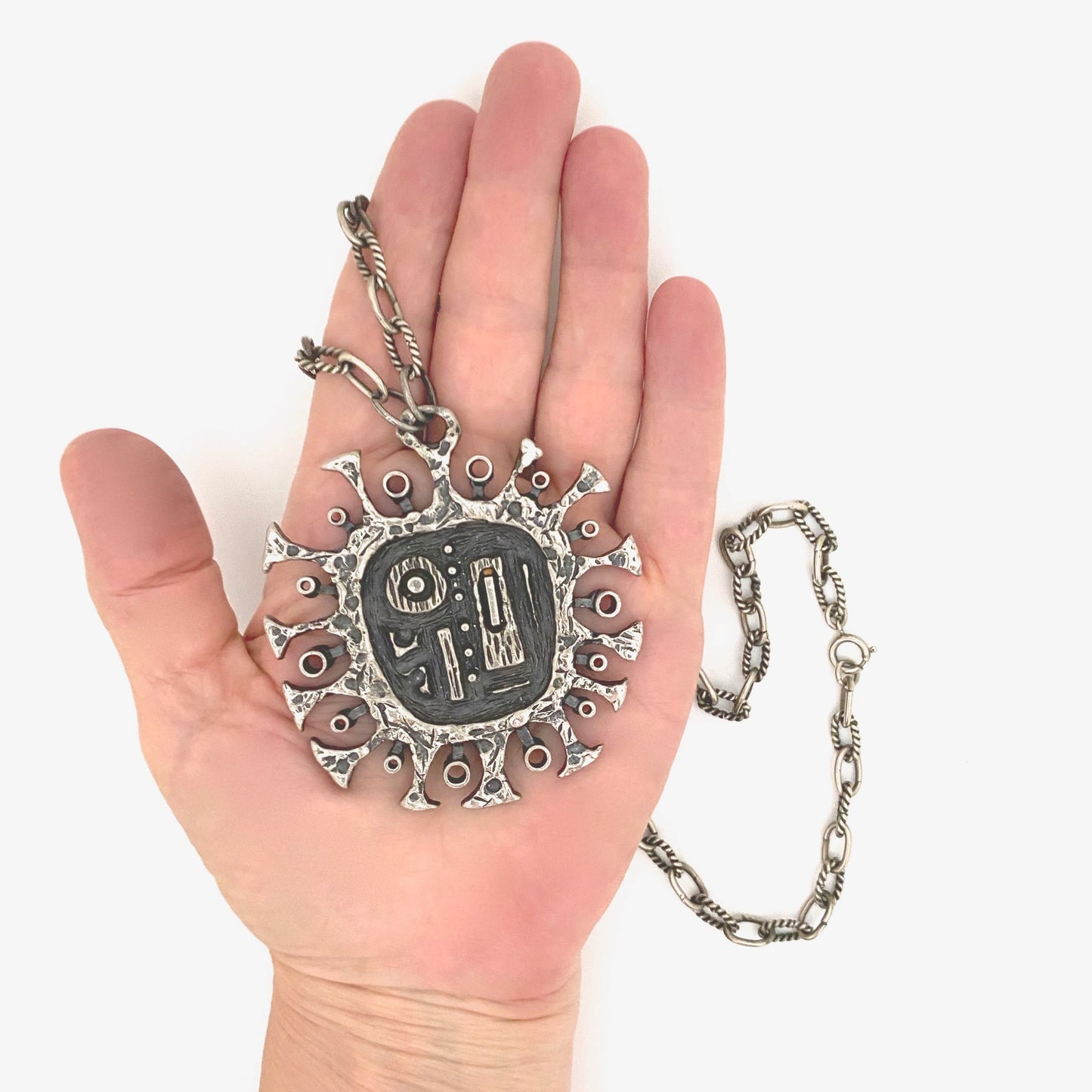 scale Guy Vidal Canada vintage brutalist pewter sculptural pendant necklace Canadian Modernist jewelry design