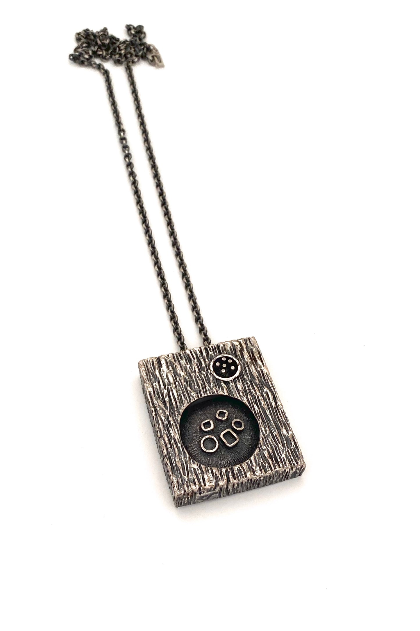 Guy Vidal Canada vintage brutalist pewter double sided shadowbox pendant necklace Canadian Modernist jewelry design scarce