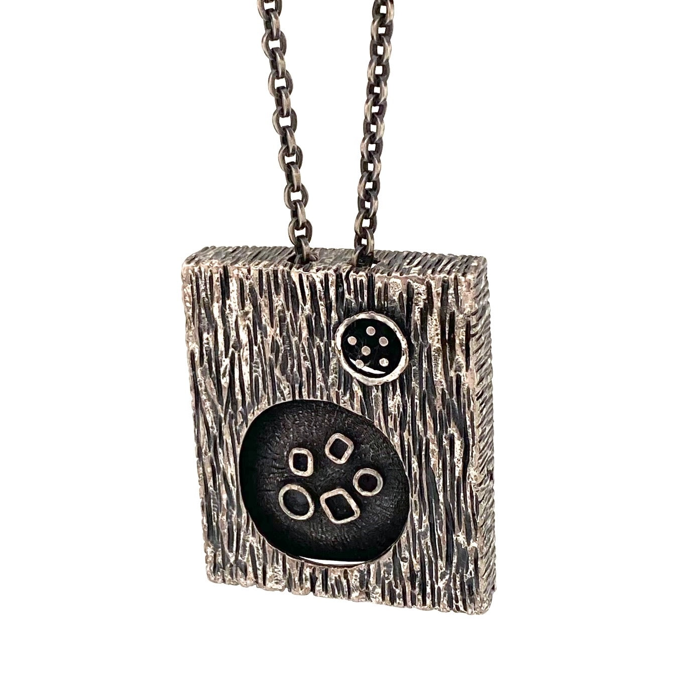 detail Guy Vidal Canada vintage brutalist pewter double sided shadowbox pendant necklace Canadian Modernist jewelry design scarce