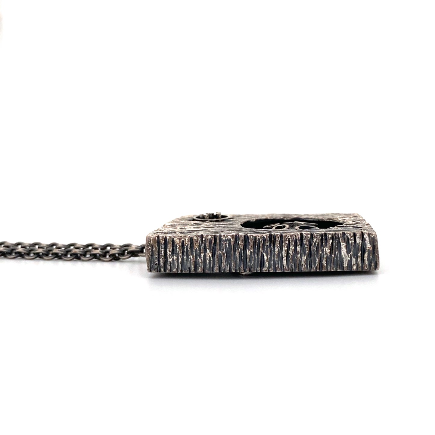 profile Guy Vidal Canada vintage brutalist pewter double sided shadowbox pendant necklace Canadian Modernist jewelry design scarce