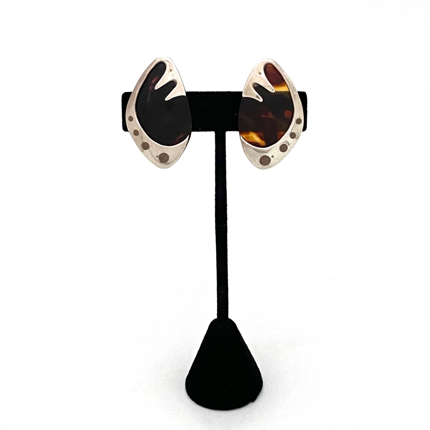 detail Enrique Ledesma Taxco Mexico vintage silver tortoiseshell copper large earrings Modernist jewelry design