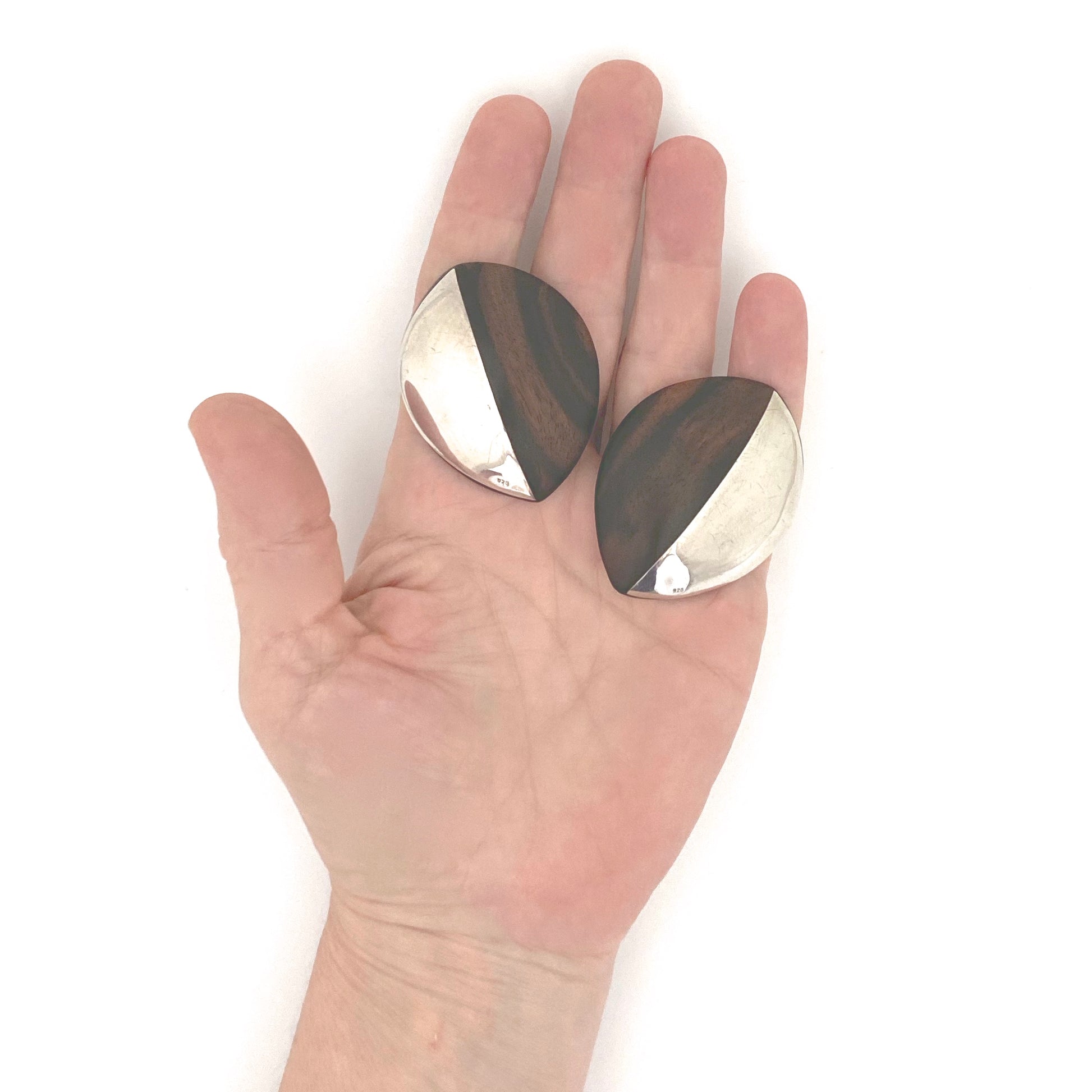 scale Monies Denmark vintage silver wood large clip earrings