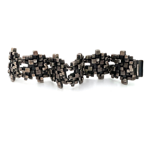 Guy Vidal brutalist pewter 'textured cubes' panel link bracelet