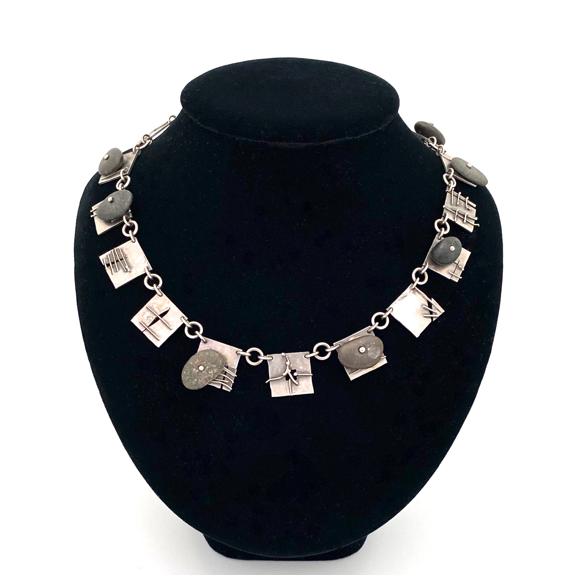 detail Elizabete Ludviks Canada vintage silver and pebbles panel link necklace hand wrought