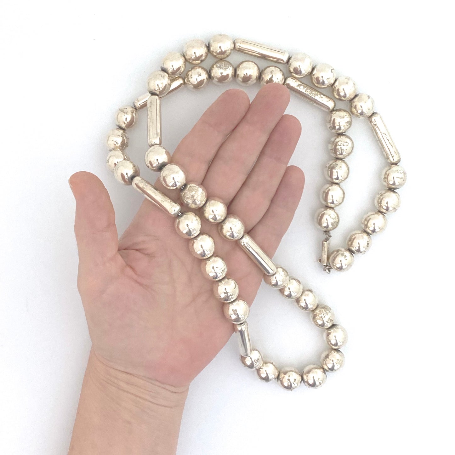 scale vintage 950 silver Mexico extra long large bead necklace Modernist jewelry design