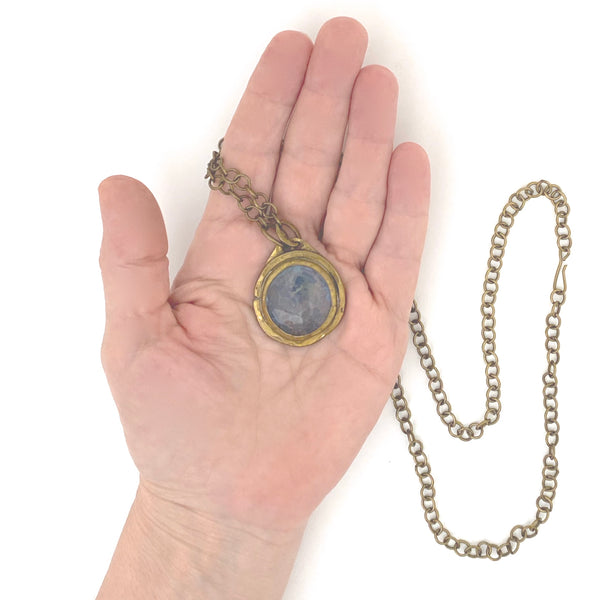 scale Rafael Alfandary Canada vintage brass pale blue grey glass simple pendant necklace