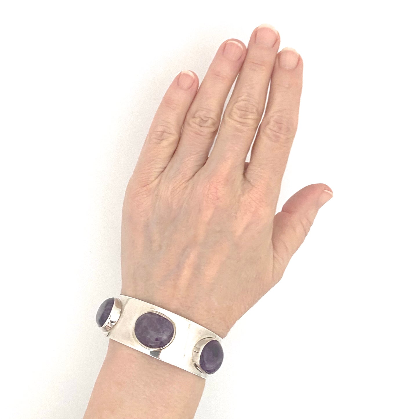 scale Arne Johansen Denmark vintage heavy silver amethyst cuff bracelet Scandinavian Modernist jewelry design
