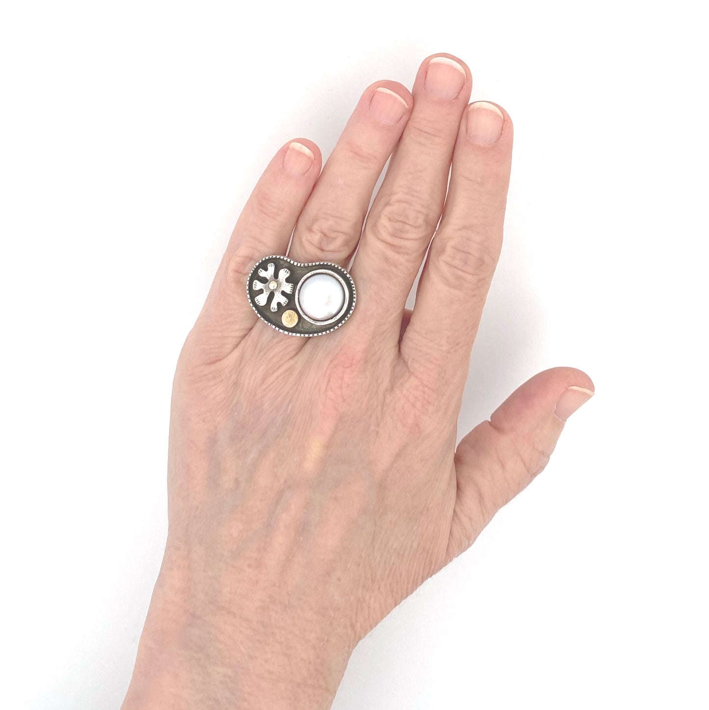 scale vintage silver 14k 18k gold cultured pearl flower ring signed