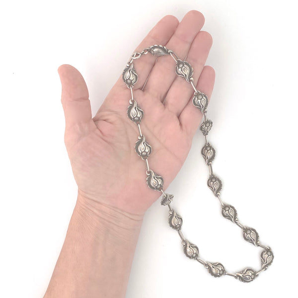 scale Carl Poul Petersen Canada vintage repousse silver floral necklace