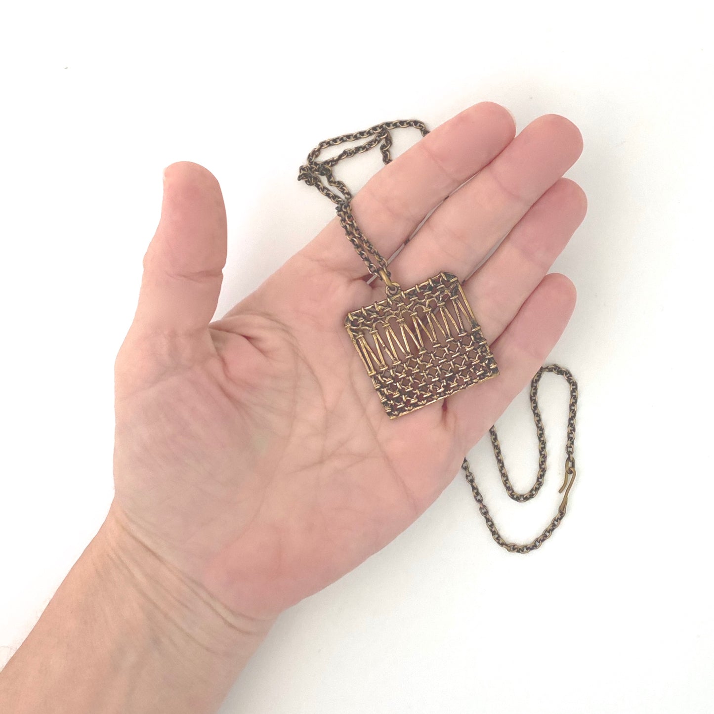 scale Pentti Sarpaneva Finland vintage bronze woven square necklace Scandinavian Modernist jewelry design