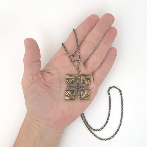 scale Pentti Sarpaneva Finland vintage square bronze pendant necklace Scandinavian Modernist jewelry design