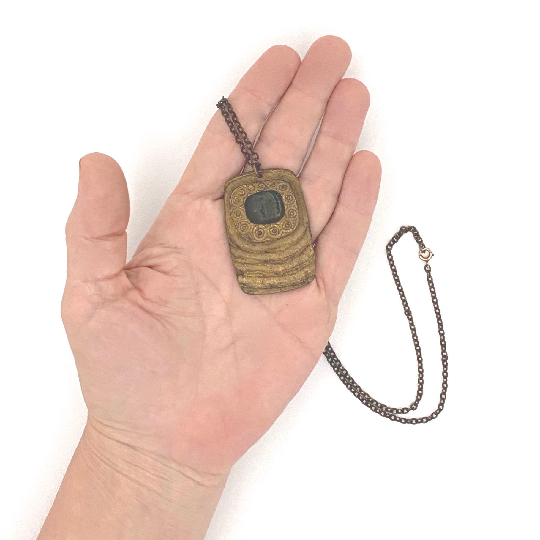 scale Bernard Chaudron Canada vintage bronze dark teal resin enamel pendant necklace Canadian Modernist jewelry design