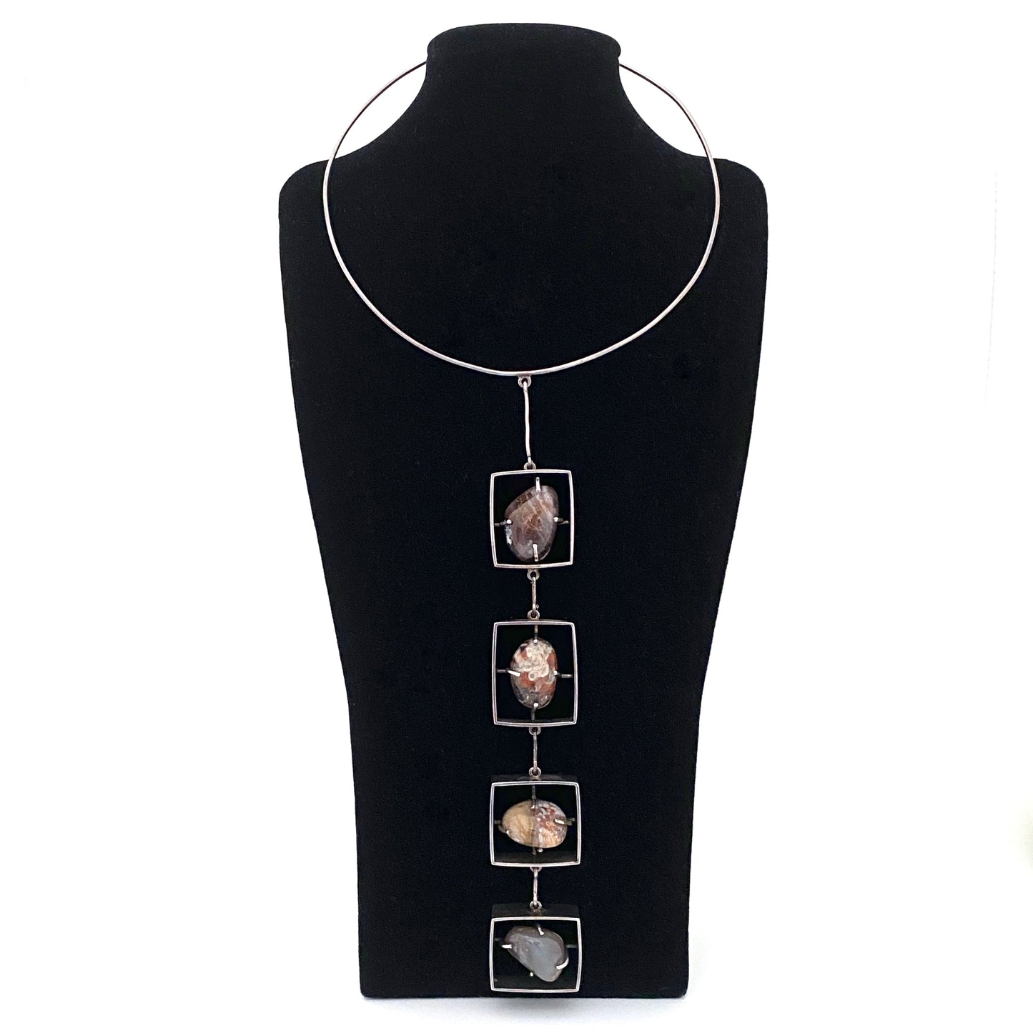 vintage silver & agate & jasper extra long choker necklace