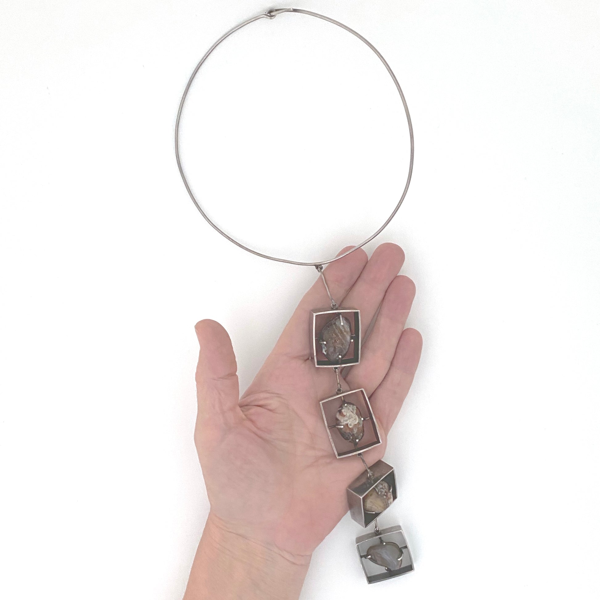 scale vintage silver agate jasper extra long choker necklace Modernist jewelry design