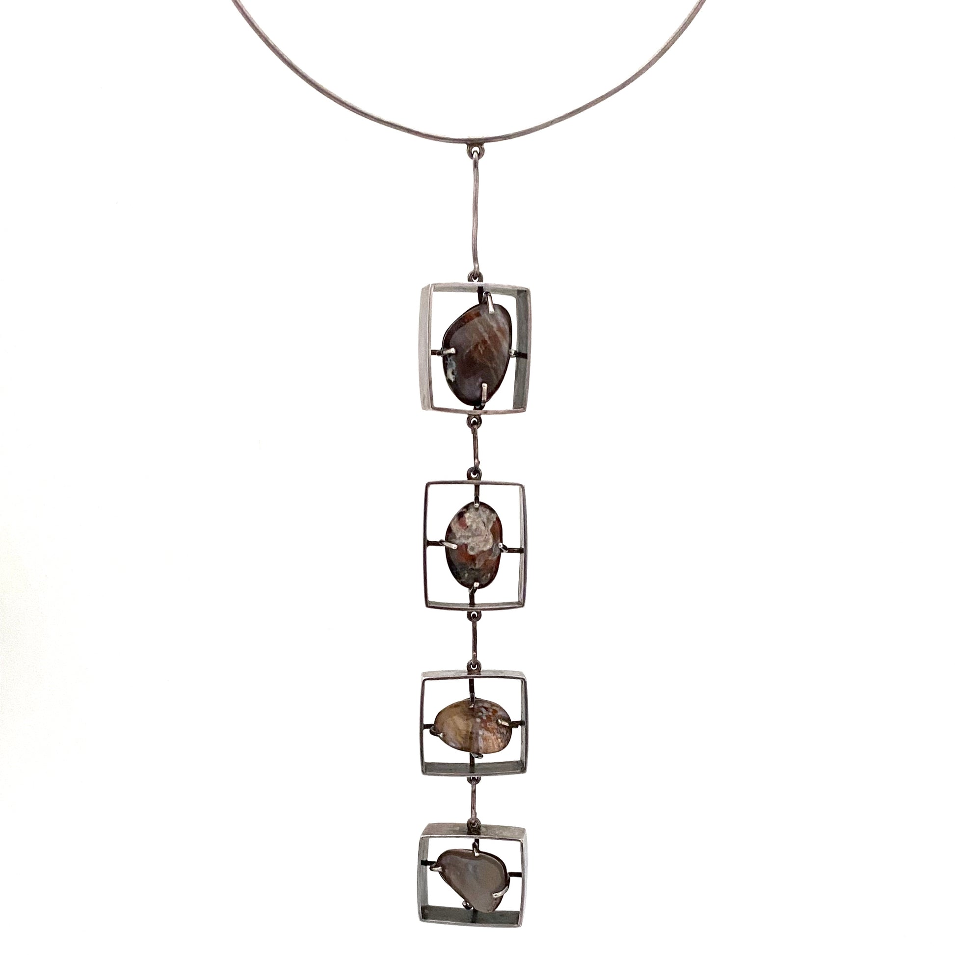detail vintage silver agate jasper extra long choker necklace Modernist jewelry design