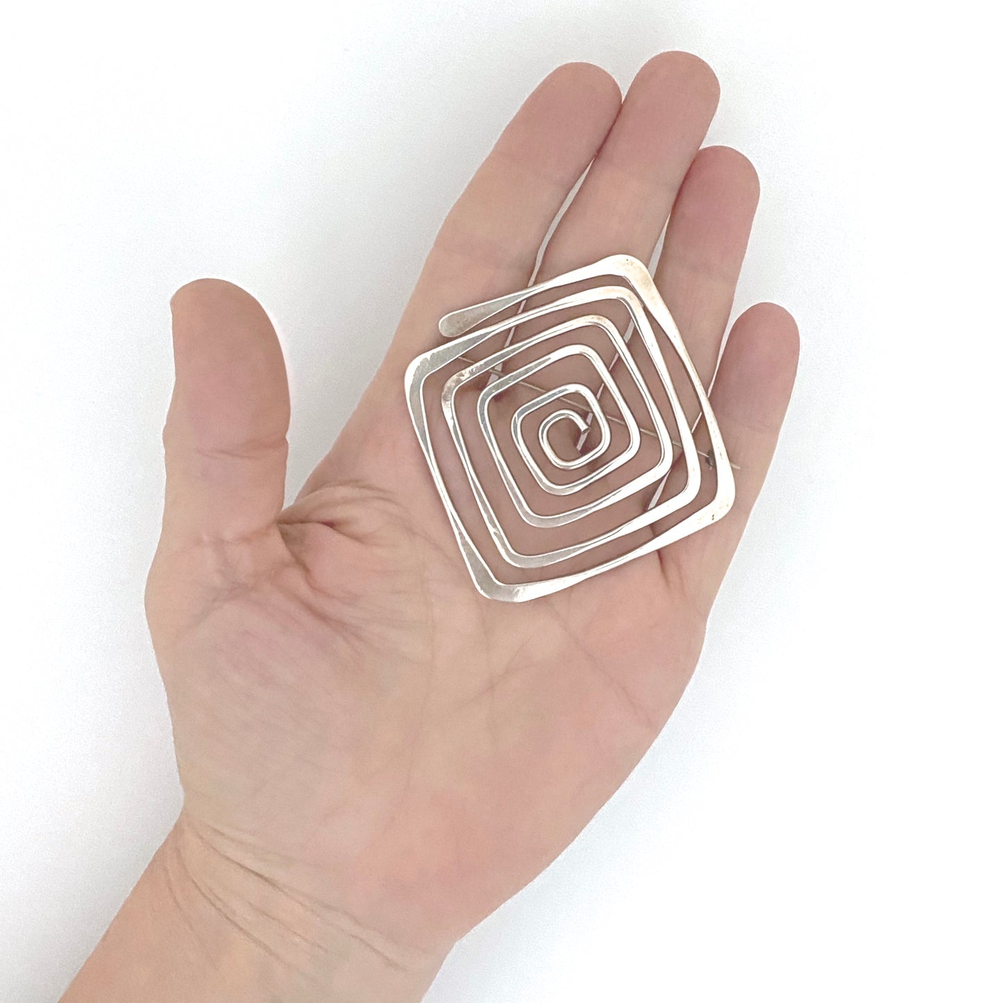 scale Ed Wiener USA vintage hammered silver large square spiral brooch Modernist jewelry design