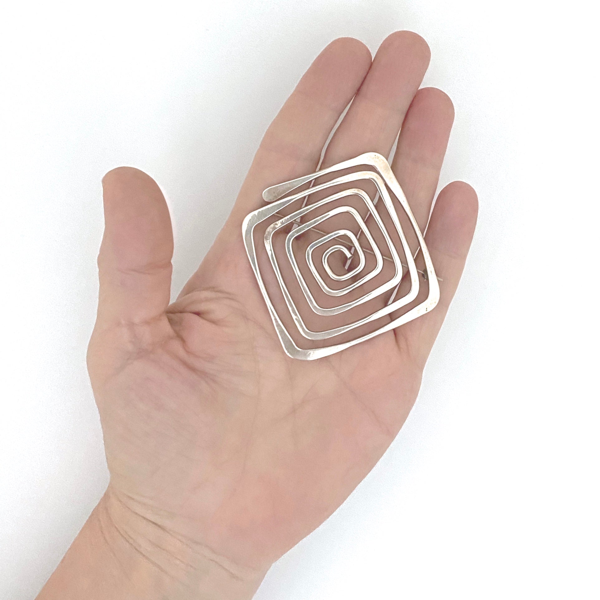 scale Ed Wiener USA vintage hammered silver large square spiral brooch Modernist jewelry design