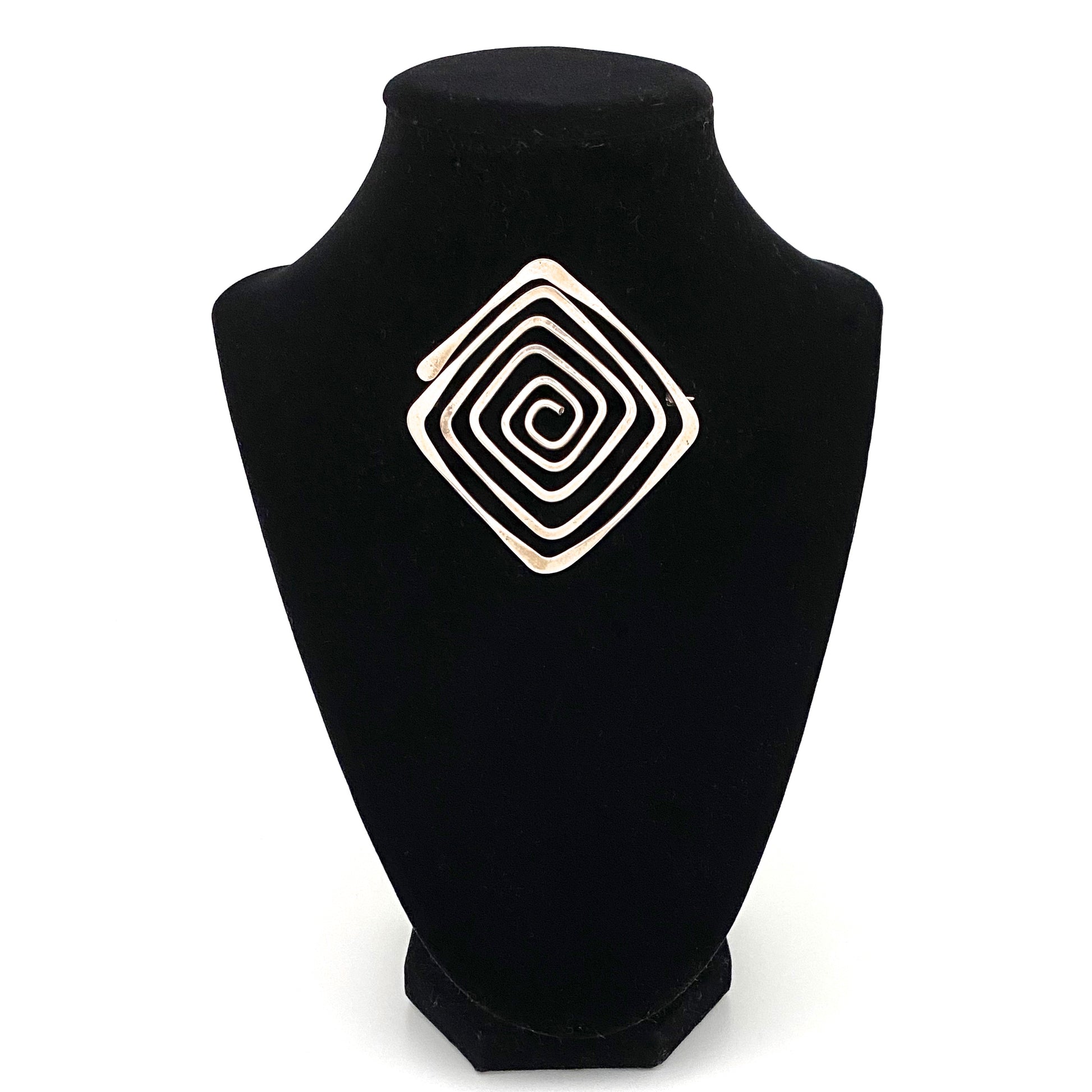 detail Ed Wiener USA vintage hammered silver large square spiral brooch Modernist jewelry design