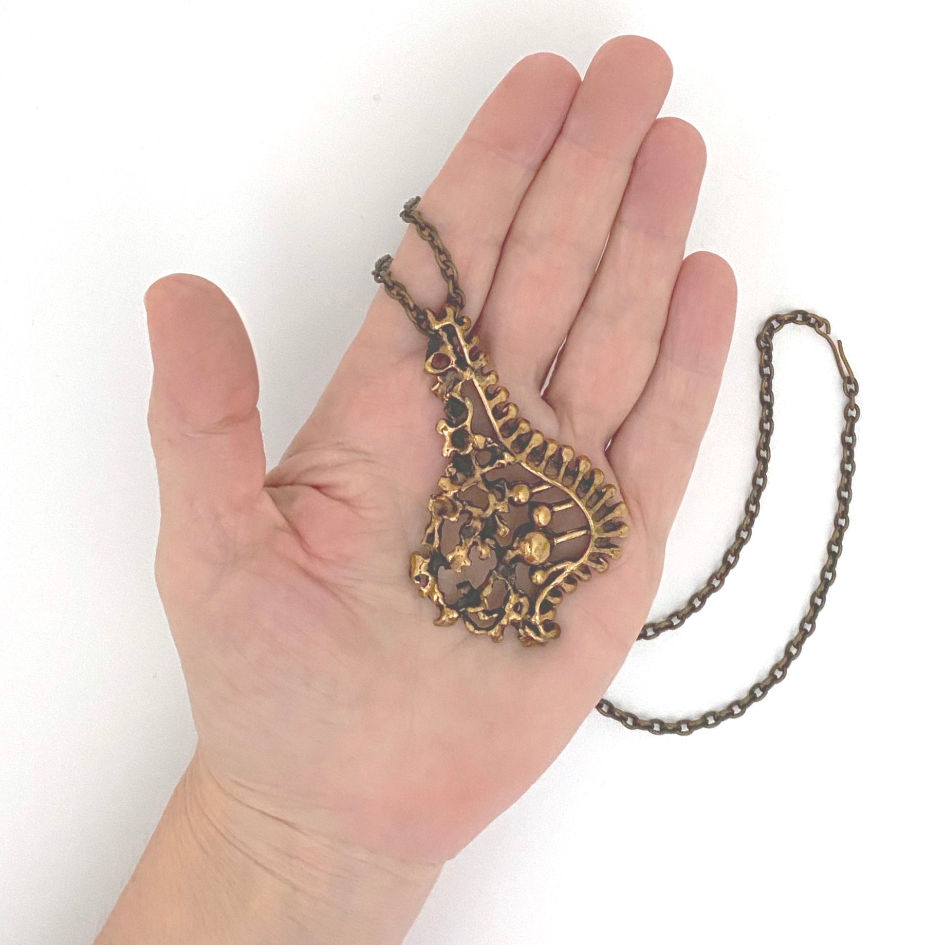 scale Valo Koru vintage bronze brutalist pendant necklace Jorma Valo Scandinavian Modernist jewelry design